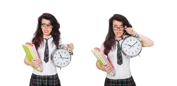 Giovane studente mancante scadenza esame isolato su bianco — Foto Stock