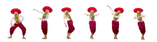 Meksikalı kız sombrero ile beyaz üzerinde dans ediyor — Stok fotoğraf
