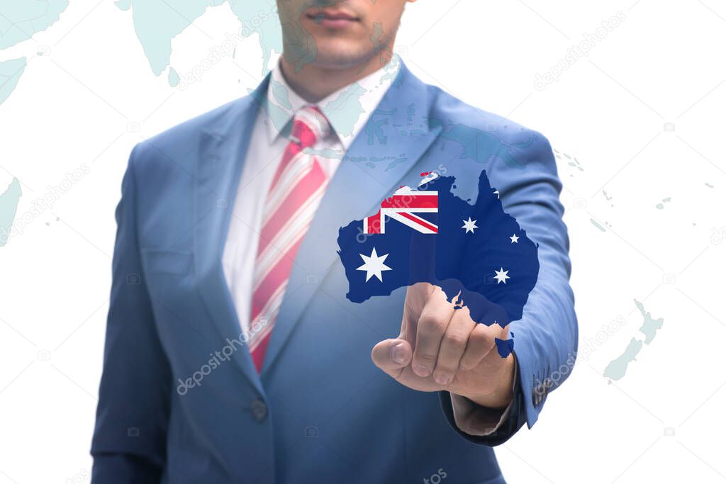 Concept of immigration to Australia with virtual button pressing