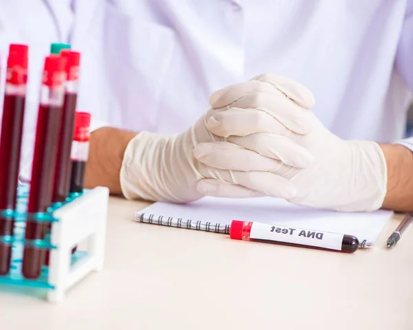 Genç yakışıklı laboratuvar asistanı hastanede kan örnekleri test ediyor. — Stok fotoğraf