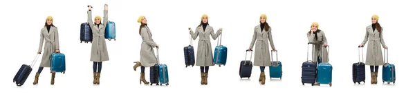 Mujer con maleta lista para las vacaciones de invierno —  Fotos de Stock