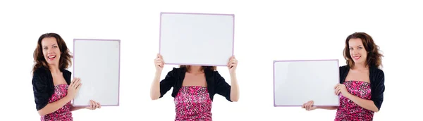 Woman with blank board isolated on white — Stock Photo, Image