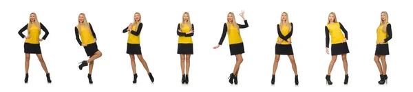 Blonde Haare Mädchen in gelber und schwarzer Kleidung isoliert auf weiß — Stockfoto