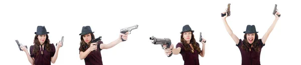 Young woman gangster with gun on white — Stock Photo, Image