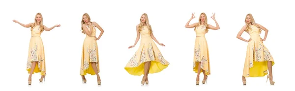 Blond meisje in charmante jurk met bloem afdrukken geïsoleerd op whit — Stockfoto