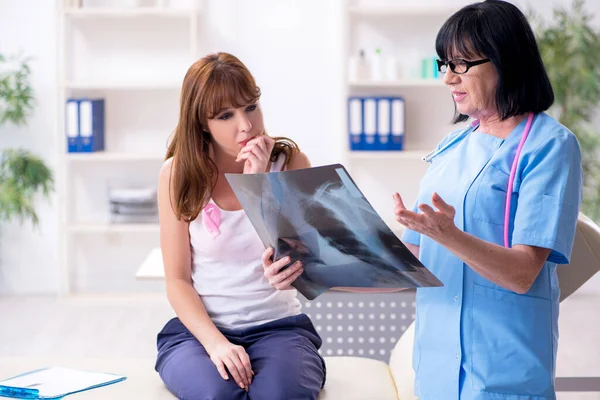 Young woman visiting old doctor oncologist in breast cancer — Stock Photo, Image