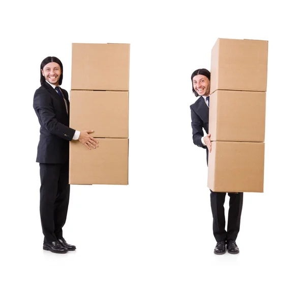 Смешной человек с коробками на белом — стоковое фото