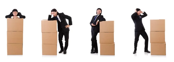 Hombre divertido con cajas en blanco — Foto de Stock