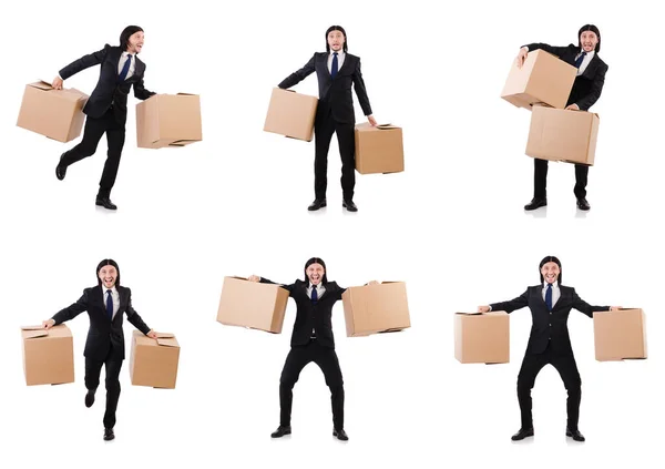 Engraçado homem com caixas em branco — Fotografia de Stock