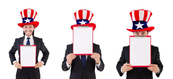 Επιχειρηματίας φορώντας αμερικανικό καπέλο με χαρτί σε λευκό — Φωτογραφία Αρχείου