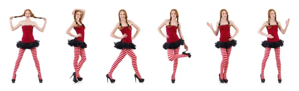 Redhead girl in red dress and stockings on white — Stock Photo, Image