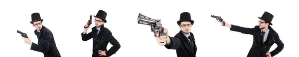 Joven detective de abrigo negro sosteniendo pistola aislada en blanco — Foto de Stock