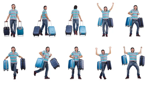 Νεαρός που ταξιδεύει με βαλίτσες απομονωμένος σε λευκό — Φωτογραφία Αρχείου