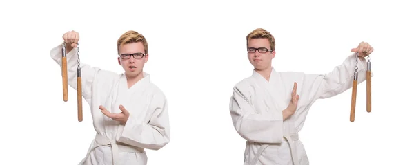 Grappige karate vechter met nunchucks op wit — Stockfoto