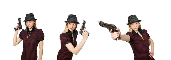 Jeune femme gangster avec pistolet sur blanc — Photo