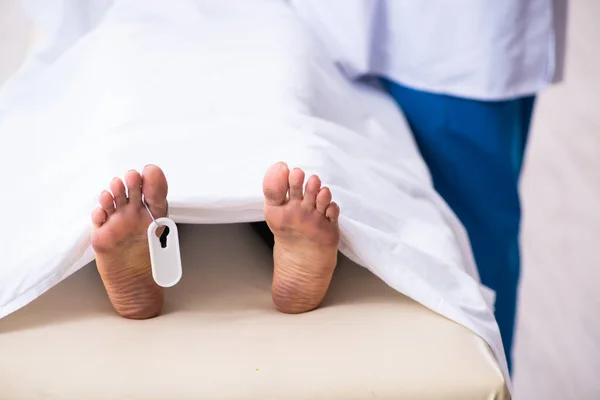 Police coroner examining dead body corpse in morgue