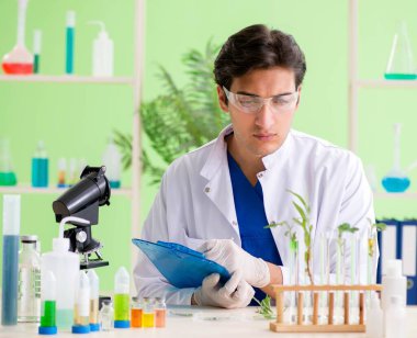 Genç biyoteknoloji bilim adamı kimyager laboratuarda çalışıyor.