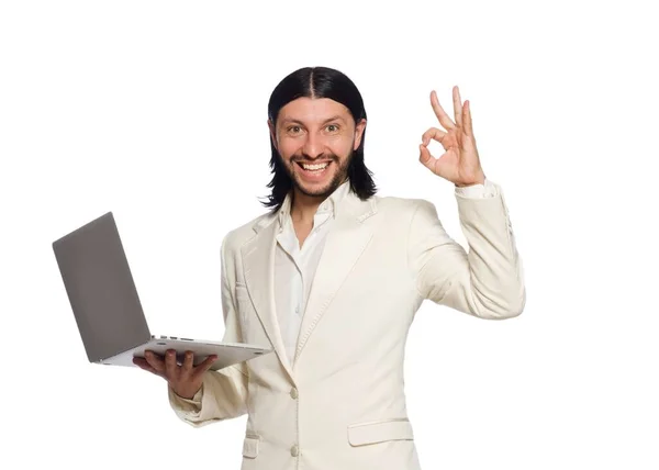 Jonge man met laptop geïsoleerd op wit — Stockfoto