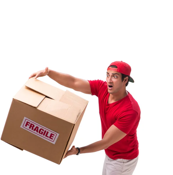 Handsome contractor holding fragile box isolated on white — Stock Photo, Image