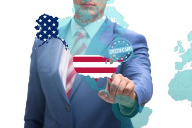 Concept of immigration to USA with virtual button pressing clipart