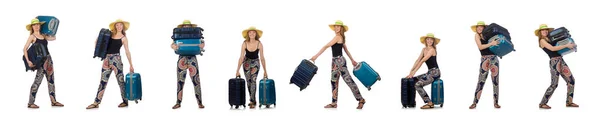 Mujer lista para viajar en verano aislada en blanco — Foto de Stock