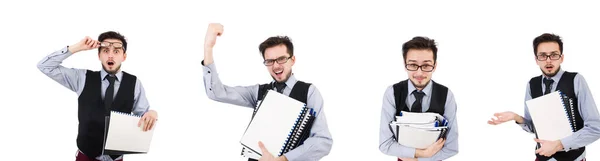 Kancelářský zaměstnanec drží papír izolovaný na bílém — Stock fotografie