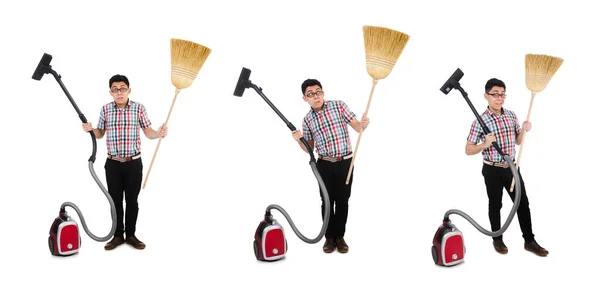 Man with vacuum cleaner and broom on white — Stock Photo, Image
