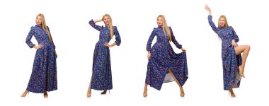 Mavi çiçekli elbisesi olan genç bir kadın, beyaz tenli.