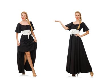 Uzun boylu, siyah elbiseli, beyaz tenli bir kadın.