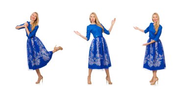 Beyaz çiçekli mavi elbiseli kadın.