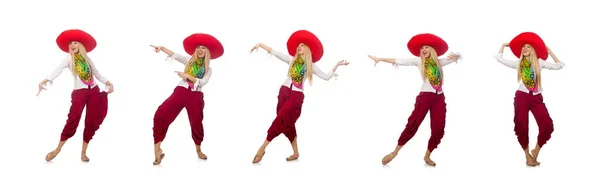 Mexicaine fille avec sombrero danse sur blanc — Photo