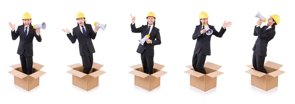Mann mit Hut und Lautsprecher steht in der Box — Stockfoto