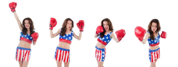 Vrouw bokser in uniform met Amerikaanse symbolen — Stockfoto