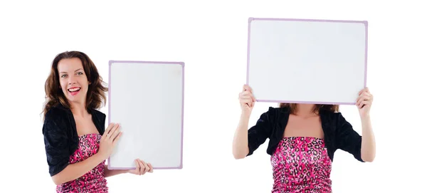 Mujer con tablero en blanco aislado en blanco — Foto de Stock