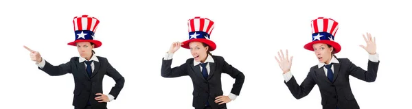 Young woman with american symbols on white — Stock Photo, Image