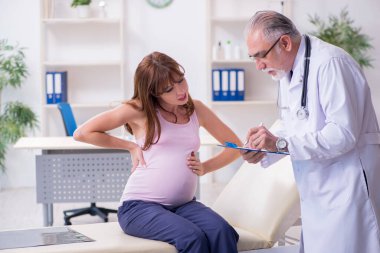 Genç hamile kadın yaşlı erkek jinekoloğu ziyaret ediyor.