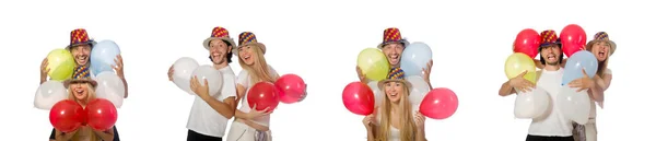 Pareja divertida con globos aislados en blanco — Foto de Stock