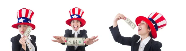 Young woman with dollar and usa hat — Stock Photo, Image