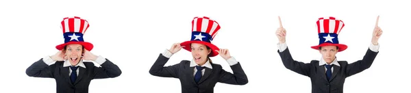 Young woman with american symbols on white — Stock Photo, Image