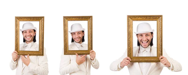 Hombre en traje blanco con marco de imagen — Foto de Stock