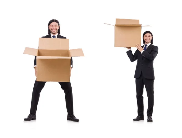 Hombre divertido con cajas en blanco — Foto de Stock