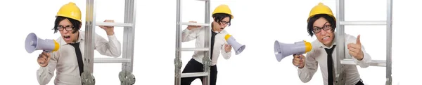 Trabajador de la construcción en concepto divertido en blanco —  Fotos de Stock