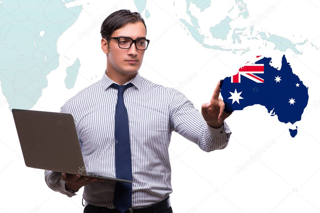 Concept of immigration to Australia with virtual button pressing