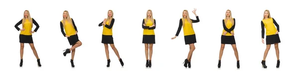 Blond vlasy dívka ve žlutém a černém oblečení izolované na bílém — Stock fotografie