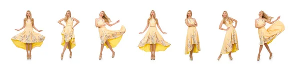 Blondes Mädchen in bezauberndem Kleid mit Blumenprints — Stockfoto