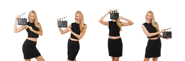 Donna che tiene clapboard film isolato su bianco — Foto Stock