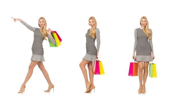 Žena s nákupními taškami izolované na bílém — Stock fotografie