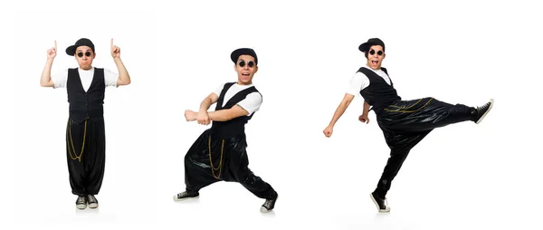 Lustiger junger Mann tanzt isoliert auf weißem Grund — Stockfoto