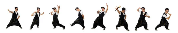 Lustiger junger Mann tanzt isoliert auf weißem Grund — Stockfoto
