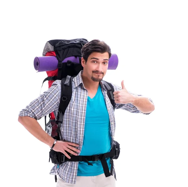 Backpacker mit großem Rucksack isoliert auf weiß — Stockfoto